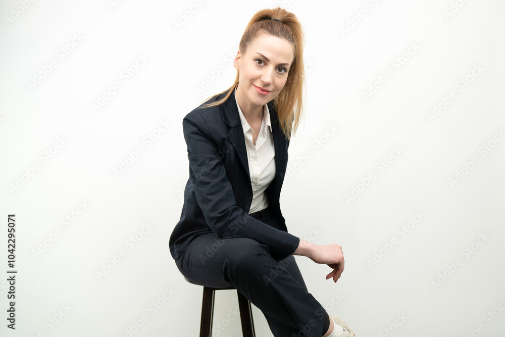 Happy business woman sits on chair. White background with copy space. Happy business woman sits on chair. White background with copy space.