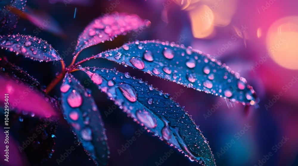 Obraz premium Close-up of wet leaves with water droplets under vibrant lighting