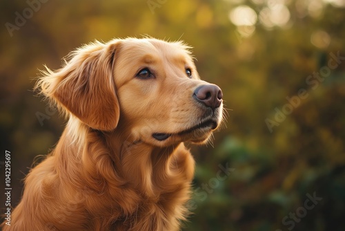 A golden retriever dog with soft fur looks attentively, surrounded by lush greenery against a blurred backdrop.