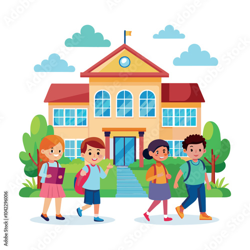 Back to School Cartoon Vector, Kids Going to School Cartoon