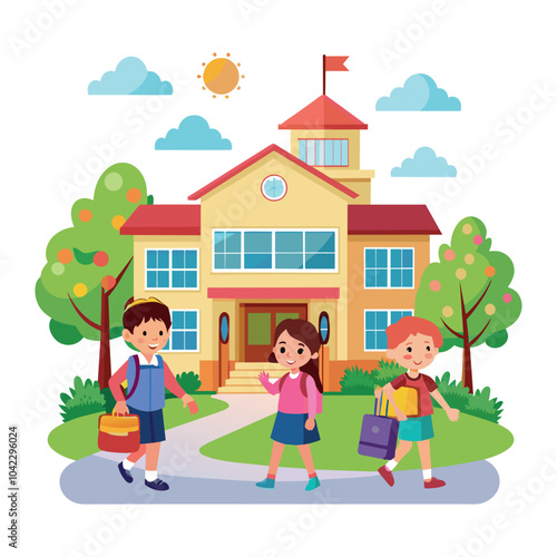 Back to School Cartoon Vector, Kids Going to School Cartoon