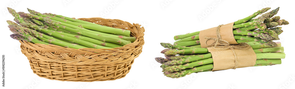 fresh asparagus in in a wicker basket isolated on white background fresh asparagus in in a wicker basket isolated on white background