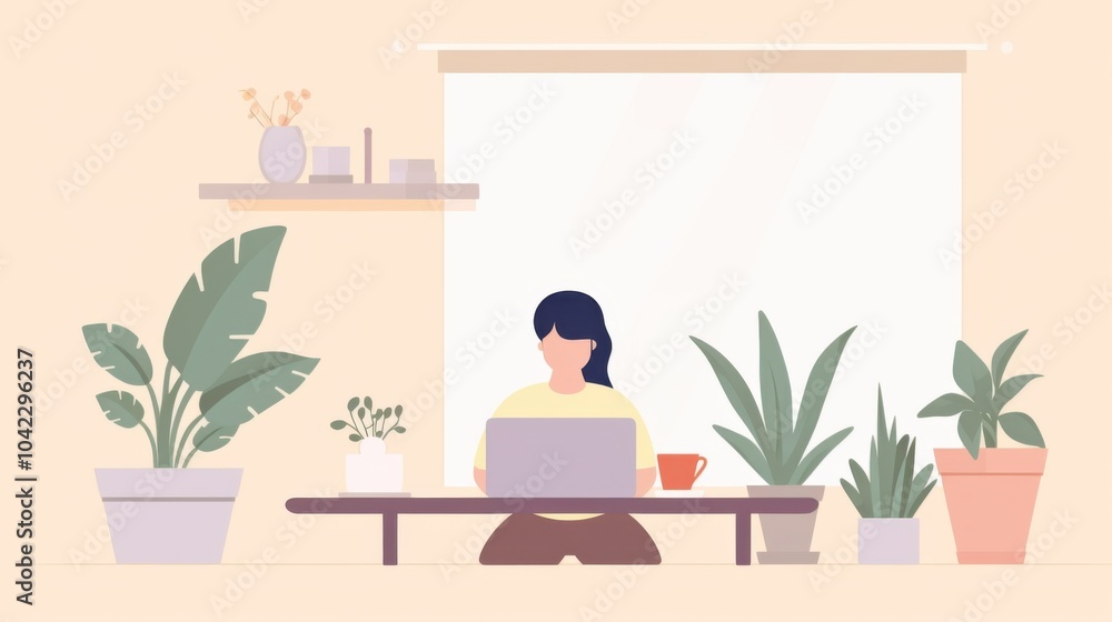 Fototapeta premium Minimalist flat illustration, man working on laptop