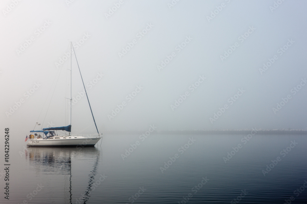 Sailboat rests moored in the calm harbor waters in morning fog at Egg Harbor, Door County, Wisconsin in late spring Sailboat rests moored in the calm harbor waters in morning fog at Egg Harbor, Door County, Wisconsin in late spring