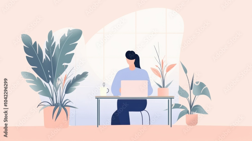Fototapeta premium Minimalist flat illustration, man working on laptop