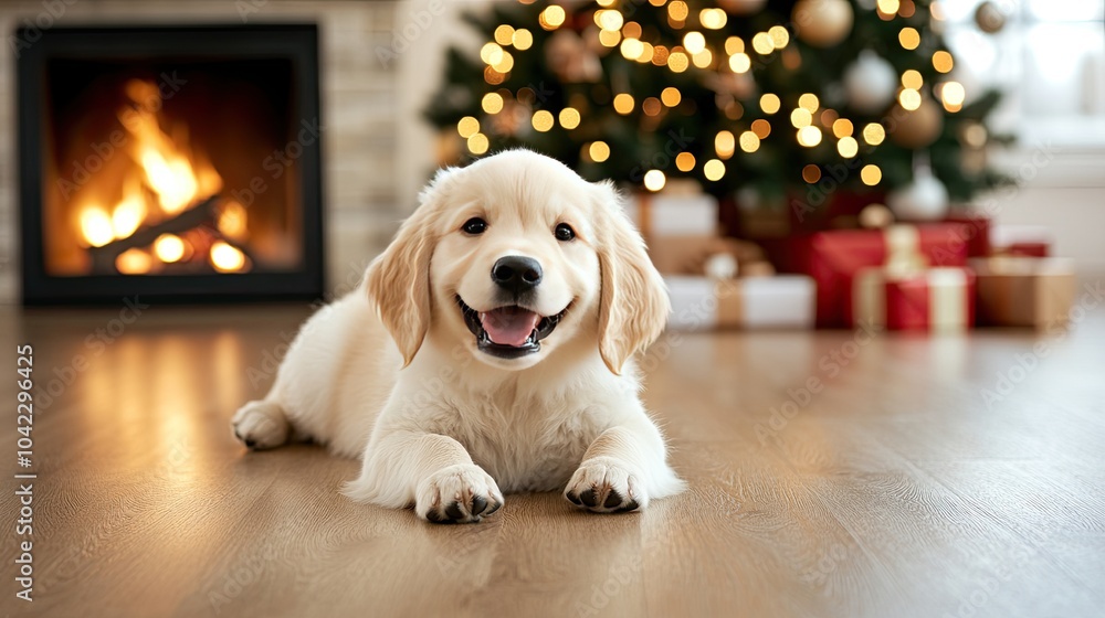 A golden retriever lies peacefully by wrapped presents and a crackling fireplace, with a charming Christmas tree glowing nearby A golden retriever lies peacefully by wrapped presents and a crackling fireplace, with a charming Christmas tree glowing nearby