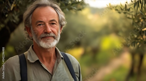 A man with a white beard and a backpack standing in front of an olive tree