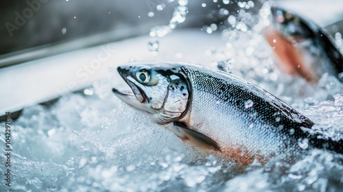 Salmon jump through rushing water in a river during early morning light, showcasing their natural energy and behavior