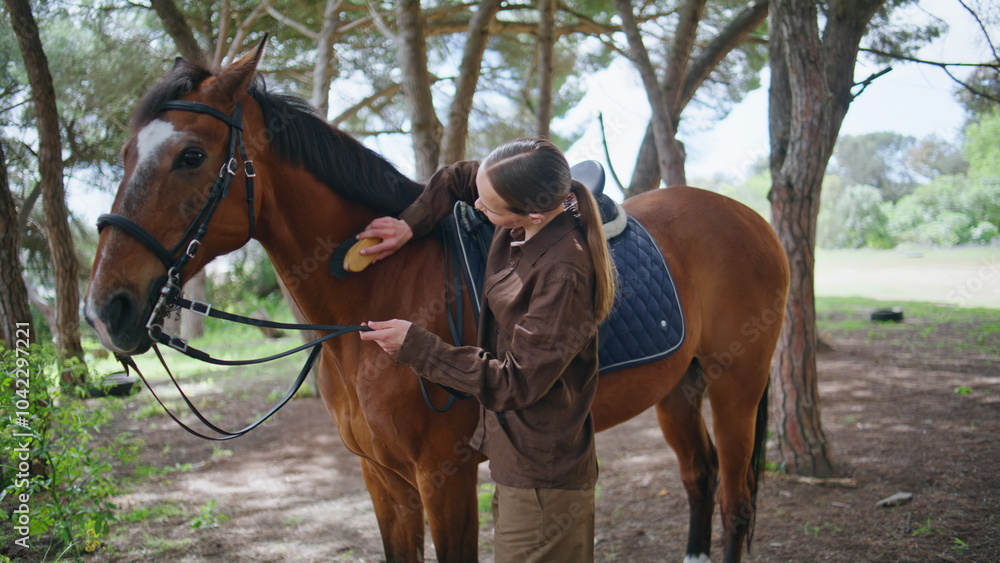 Obraz premium Lady groomer combing stallion with brush in farm closeup. Woman taking care pet