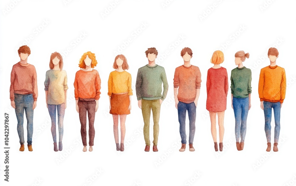 Fototapeta premium A watercolor drawing of a group of people, each wearing different and standing in a row on a white background Generative AI
