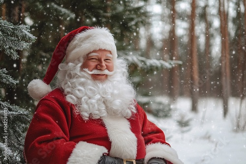 Santa Claus taking a break and enjoying a peaceful moment in a picturesque winter forest, surrounded by tall pine trees and a light dusting of snow 2