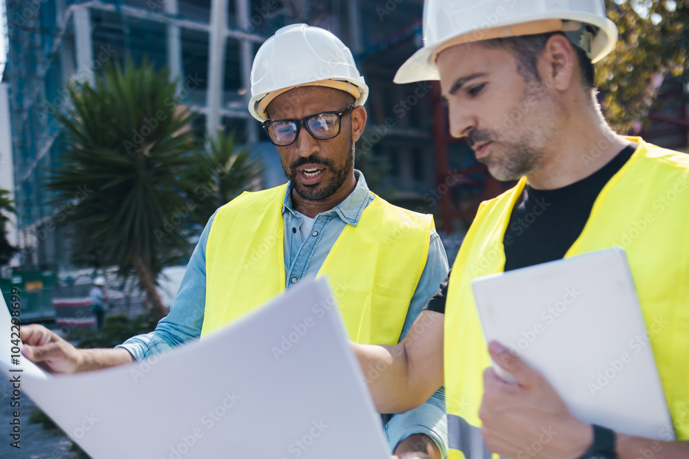 Two confident men with worker's helmet looking at the blueprints of the building Two confident men with worker's helmet looking at the blueprints of the building