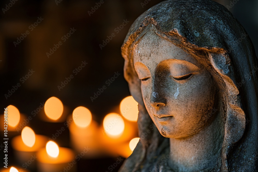 A weathered stone effigy of Mary amidst flickering candlelight 4 A weathered stone effigy of Mary amidst flickering candlelight 4