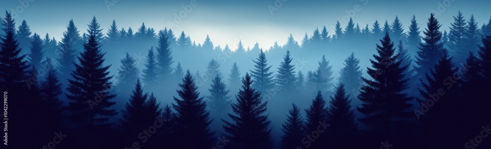 Fototapeta premium Serene landscape of evergreen forest in misty twilight showcasing tranquil beauty of coniferous trees and atmospheric fog