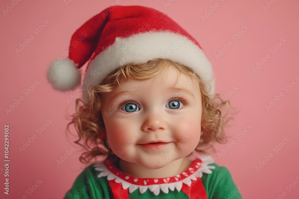 A sweet baby girl dressed as an adorable Christmas elf, with bright blue eyes and curly blonde hair, on a soft pink background, spreading holiday cheer 1 A sweet baby girl dressed as an adorable Christmas elf, with bright blue eyes and curly blonde hair, on a soft pink background, spreading holiday cheer 1