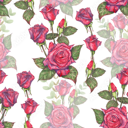 Seamless pattern with red roses drawn in watercolor. Watercolor roses with leaves in seamless illustration. An idea for decorating holidays and creating prints.