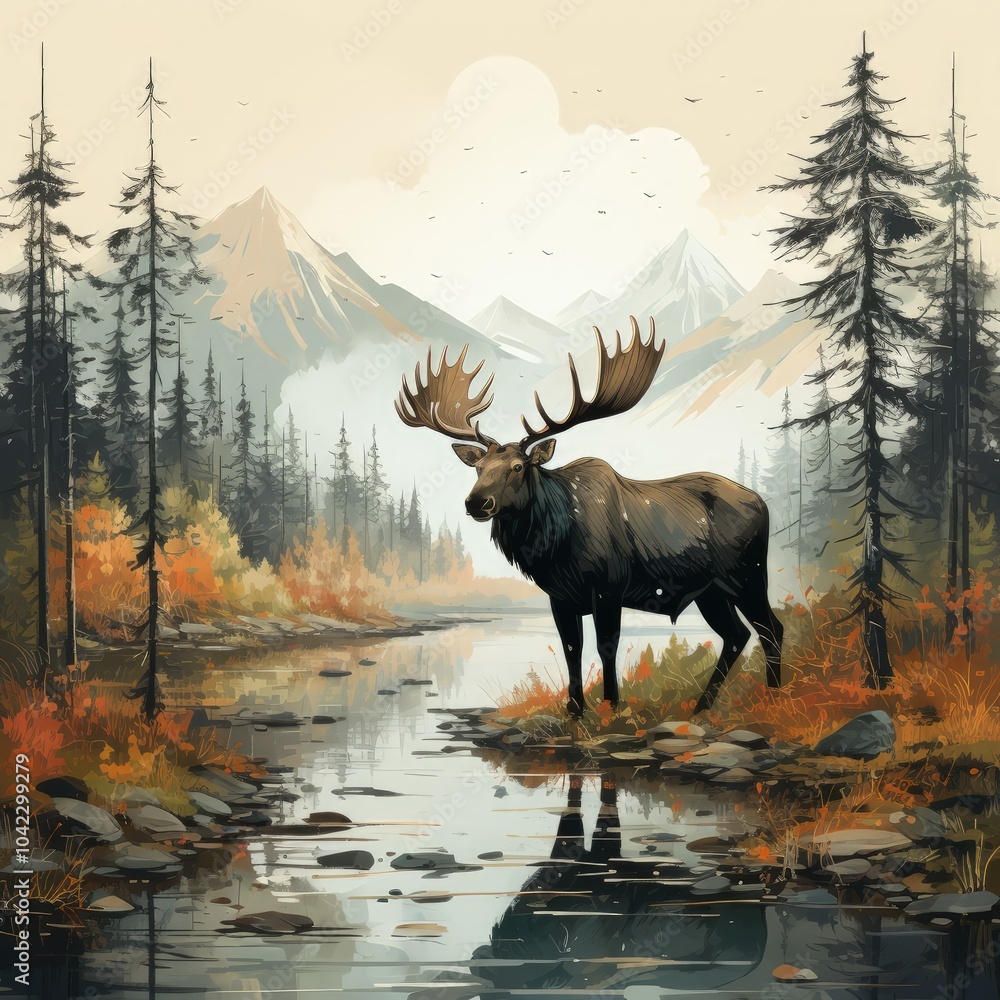 A Peaceful Moose Standing in a Forest Scene Illustrated Vividly A Peaceful Moose Standing in a Forest Scene Illustrated Vividly