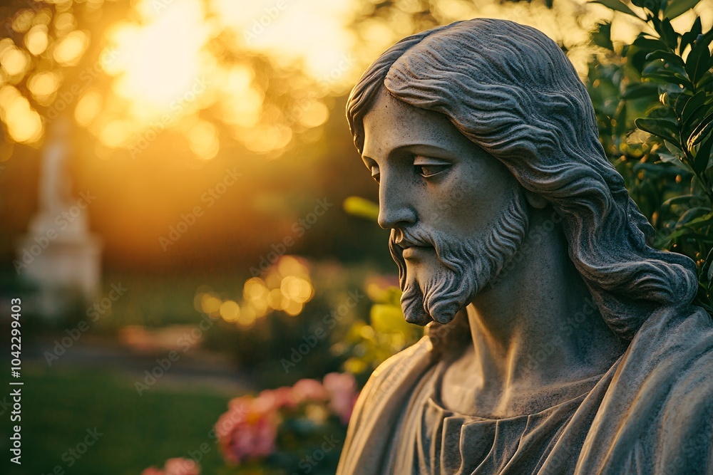 A serene shot of the Jesus sculpture in a peaceful garden at dawn 1 A serene shot of the Jesus sculpture in a peaceful garden at dawn 1