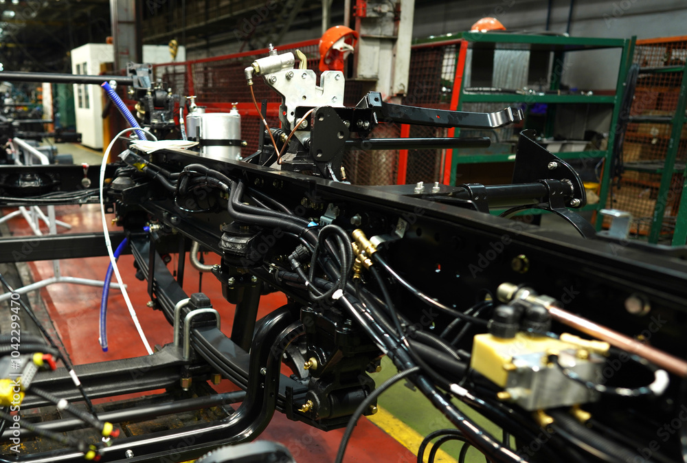 Fototapeta premium Truck production line. Workshop production of Heavy duty trucks. Trucks Manufacture. Assembly line of truck factory. Heavy duty truck plant. Frame, Wheel chassis, air suspension, air springs. Engine