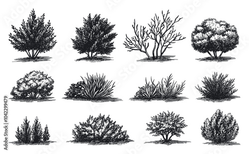 Shrub Set Vintage style retro prints Garden Design Landscaping Projects and nature-themed creations Perfect for evoking timeless classic aesthetics Artistic endeavors