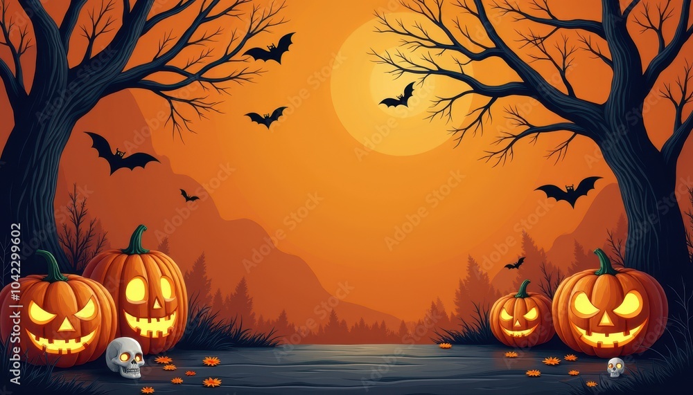 Halloween stuff blackened trees, hanging bats, skull-filled pumpkins and free copy space. Halloween stuff blackened trees, hanging bats, skull-filled pumpkins and free copy space.