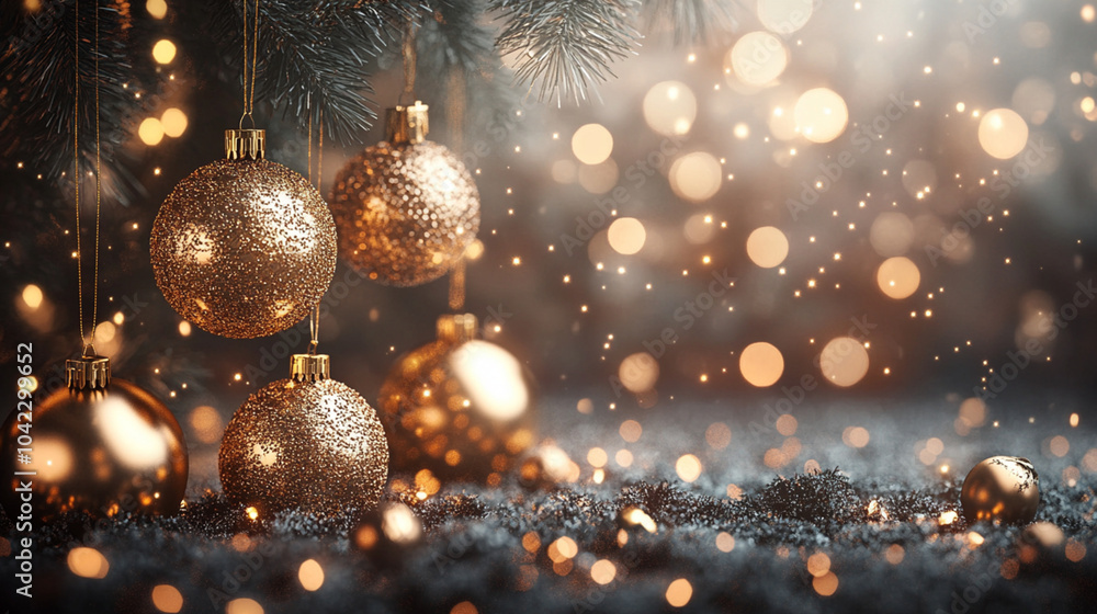 Golden Christmas balls on a blurred background of defocused golden lights Place for adding text or design Golden Christmas balls on a blurred background of defocused golden lights Place for adding text or design