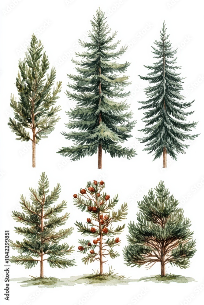 Obraz premium Illustration of five diverse pine trees showcasing varying forms and textures in watercolor style