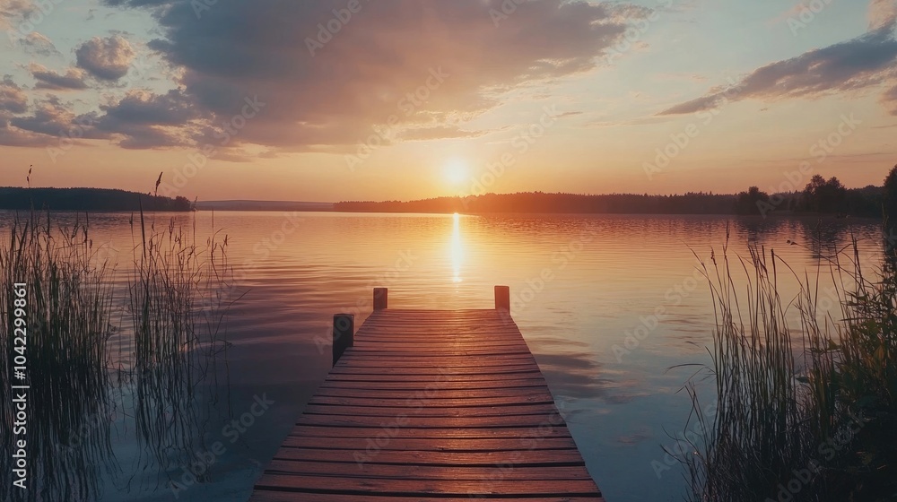 Fototapeta premium A picturesque sunset view over a calm lake, creating a tranquil Father's Day evening setting
