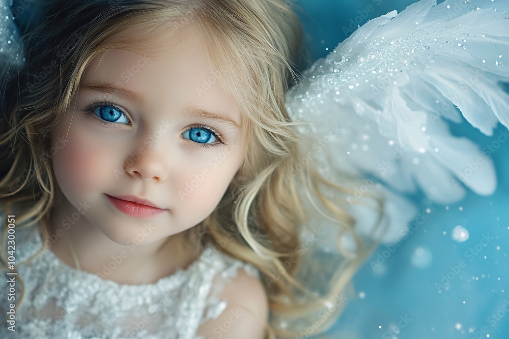 A little girl dressed as an angel, with long flowing golden hair and sparkling blue eyes, on a heavenly blue background, radiating Christmas purity 3 A little girl dressed as an angel, with long flowing golden hair and sparkling blue eyes, on a heavenly blue background, radiating Christmas purity 3