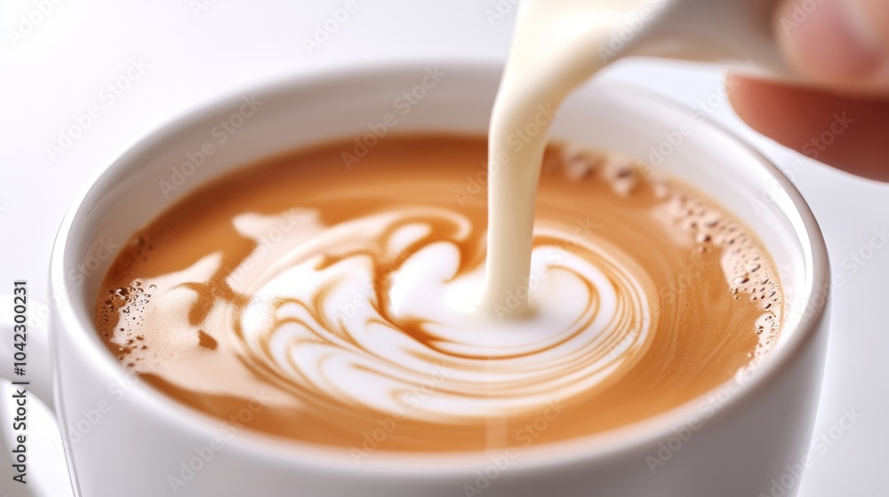 A hand pouring milk into a coffee cup, creating a swirl pattern, against a white background A hand pouring milk into a coffee cup, creating a swirl pattern, against a white background