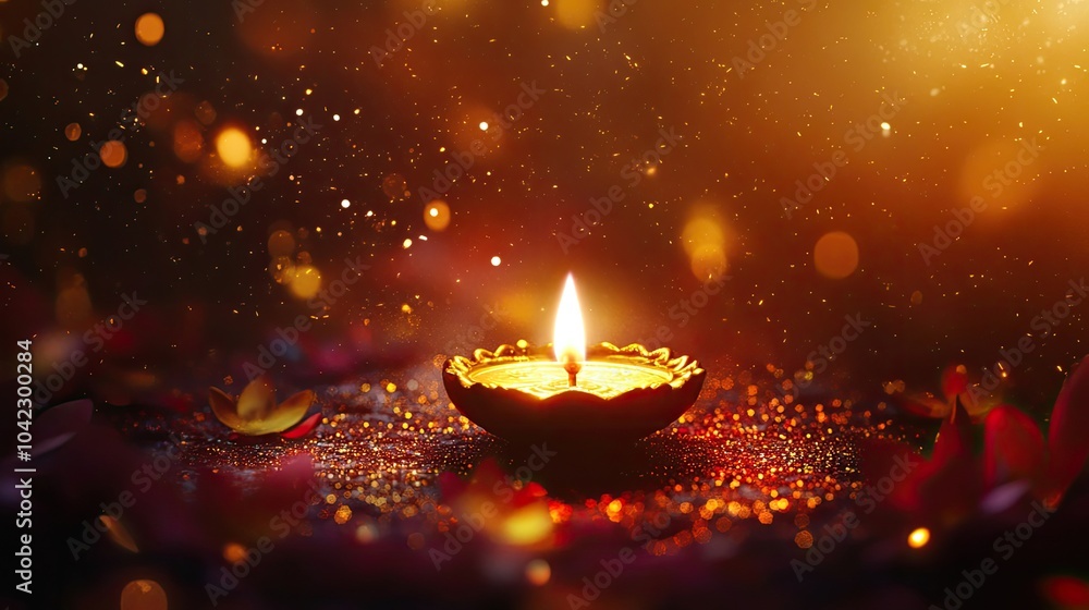 A richly colored background with a single diya in the center, surrounded by soft golden sparkles and floral accents A richly colored background with a single diya in the center, surrounded by soft golden sparkles and floral accents