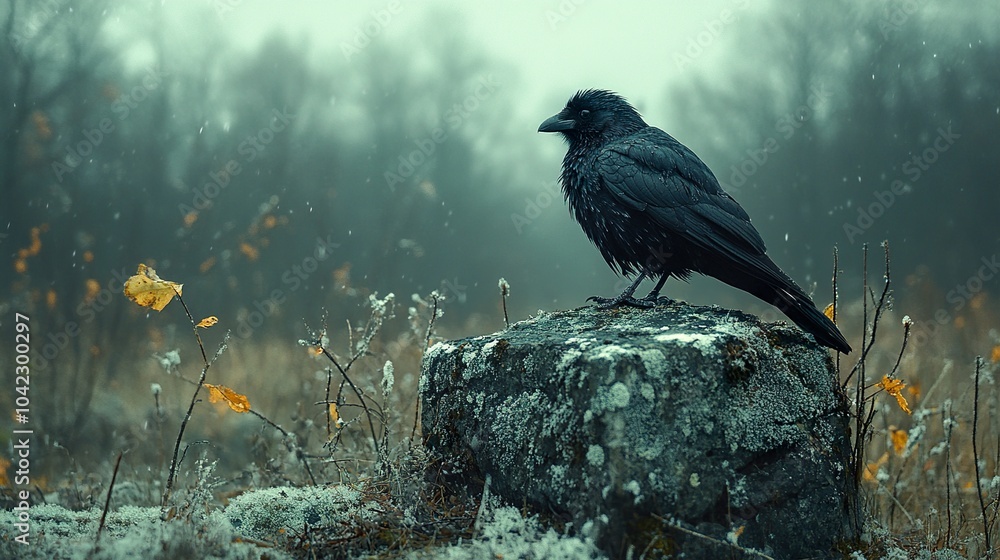 Fototapeta premium Crow in Foggy Forest: A Moment of Solitude