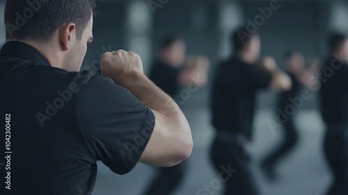 Officer Training at Police Academy Practicing Combat Shooting photo