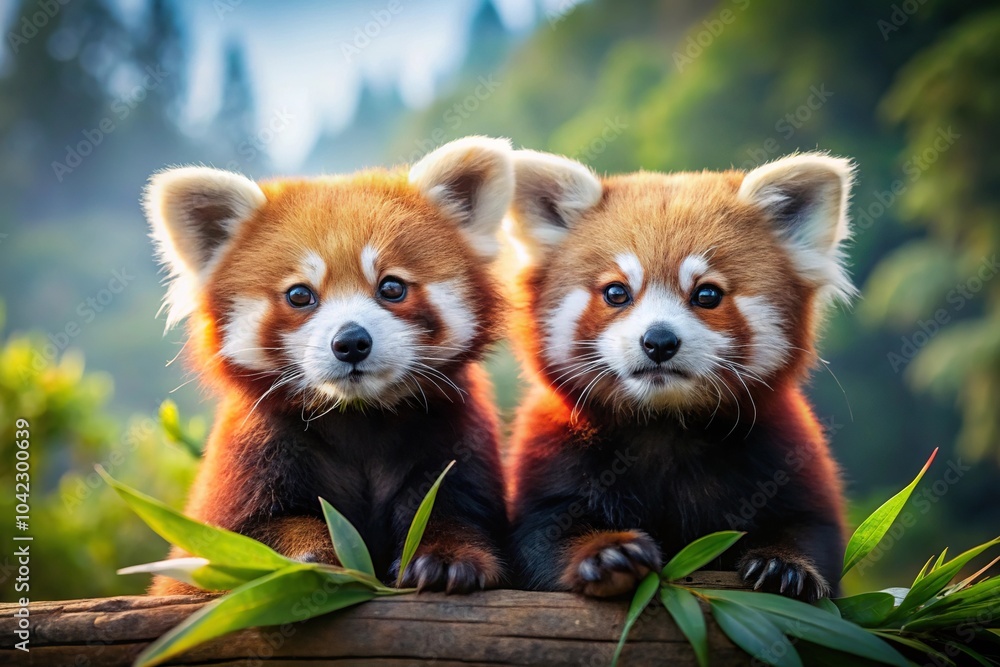 Cute red pandas posing together in a panoramic setting Cute red pandas posing together in a panoramic setting