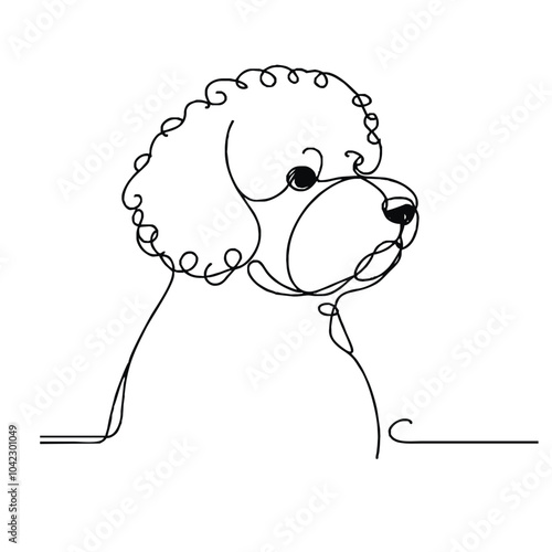 A simple continuous line drawing of a dog of the breed Bichon Frise. The artwork is minimalistic, capturing the essence of the object with a single unbroken line. 