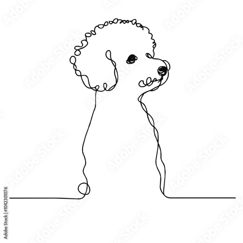 A simple continuous line drawing of a dog of the breed Bichon Frise. The artwork is minimalistic, capturing the essence of the object with a single unbroken line. 