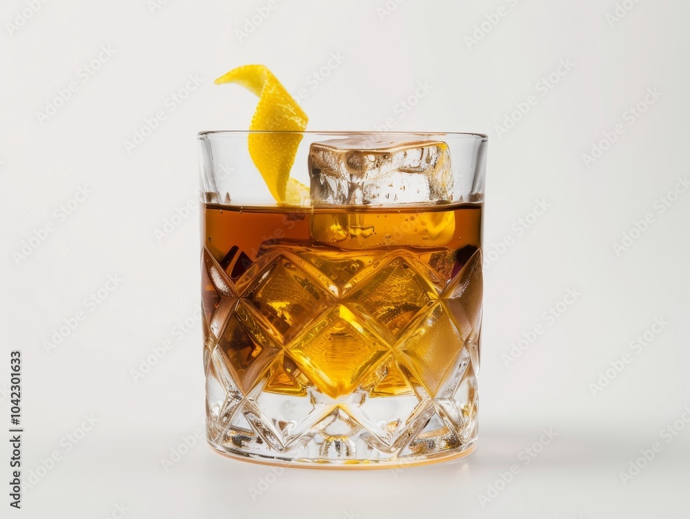 A scotch and soda in a rocks glass with a lemon twist on a white background A scotch and soda in a rocks glass with a lemon twist on a white background