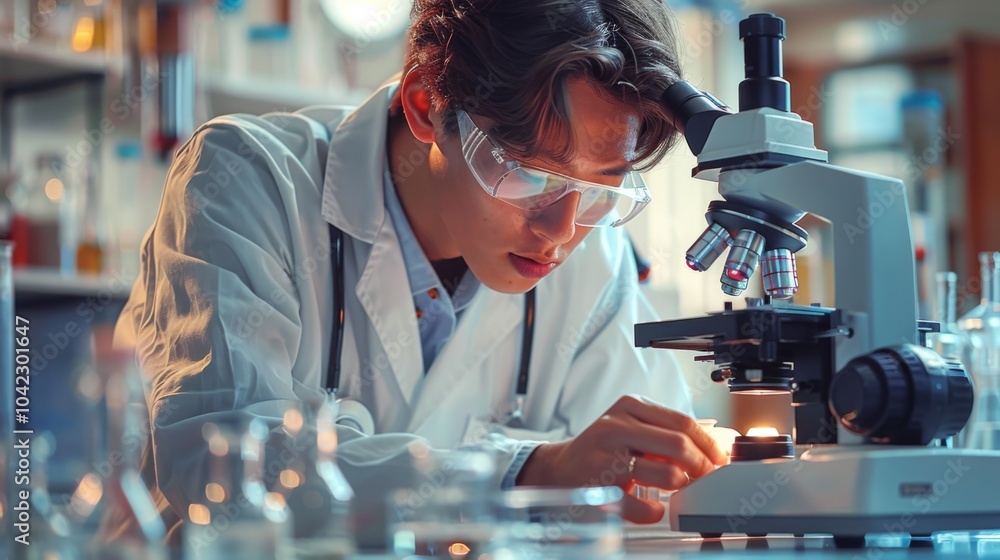 Depict a medical researcher adjusting their lab coat in their Depict a medical researcher adjusting their lab coat in their