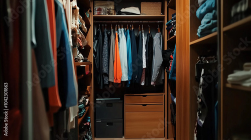 A wardrobe room photograph. Neatly hanging shirts on the hangers. Shelves for t-shirts and a designated area for shoes. Everything is in perfect order.