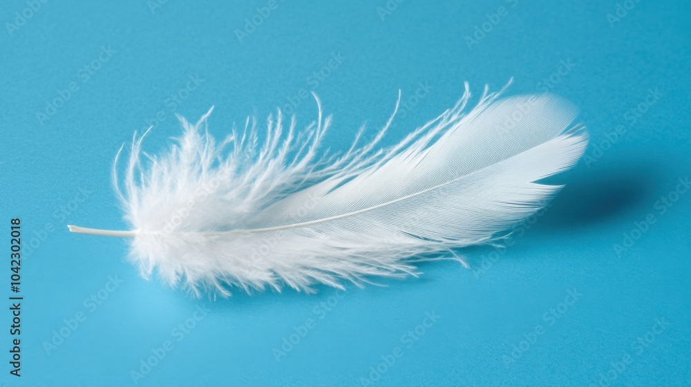 Obraz premium Single white feather falling against blue background showing softness