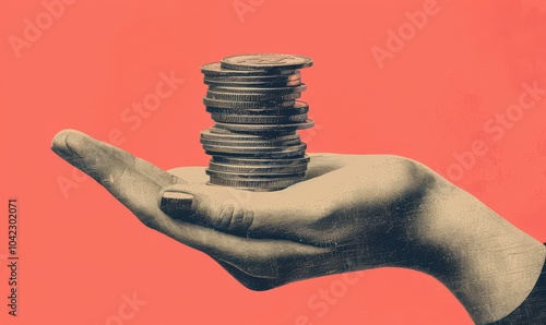 Obraz na płótnie Hand holding stack of paper-style coins with Bitcoin symbols, vibrant illustration of digital finance concept. Free copy space for banner. w salonie