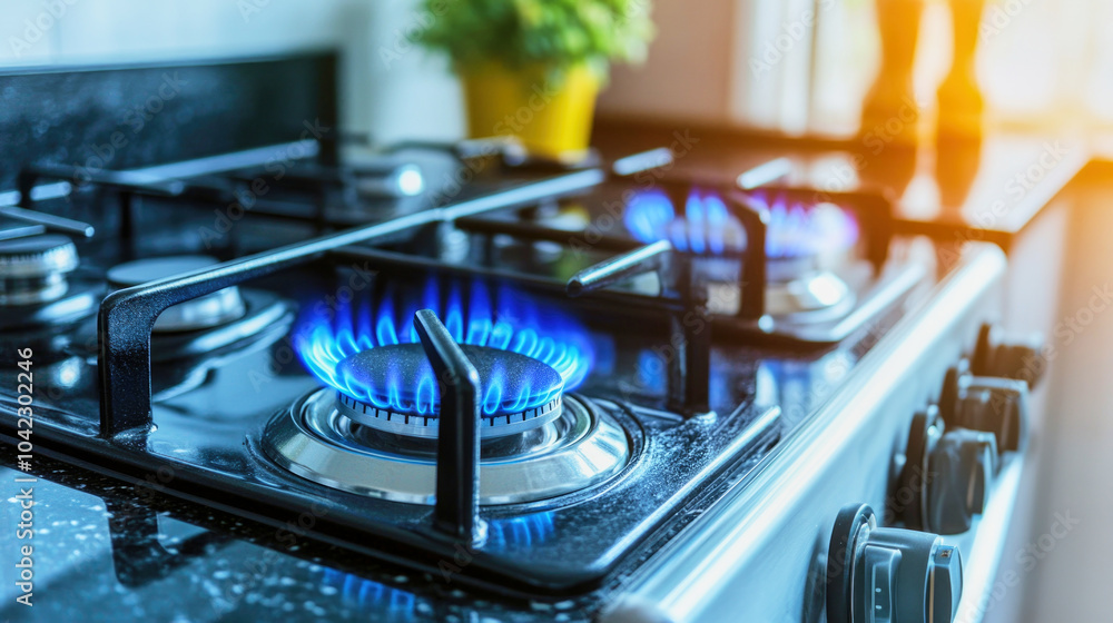 Modern gas stove with blue flames in a luxurious kitchen featuring elegant black marble countertops Modern gas stove with blue flames in a luxurious kitchen featuring elegant black marble countertops