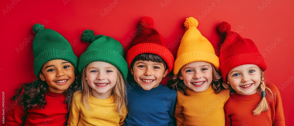 Festive Christmas Portrait of Happy Kids in Santa Hats Smiling Together Festive Christmas Portrait of Happy Kids in Santa Hats Smiling Together