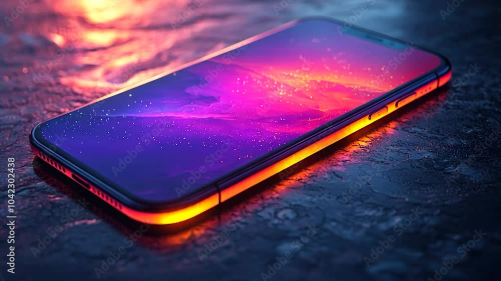 Smartphone with a blank screen is glowing on a dark stone background. The phone is in the center of the frame and is surrounded by a soft, pink glow Smartphone with a blank screen is glowing on a dark stone background. The phone is in the center of the frame and is surrounded by a soft, pink glow