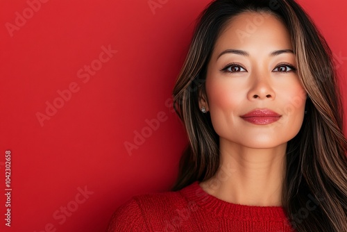 A brunette Asian mother with brown eyes on Mother's Day against a solid red background 3