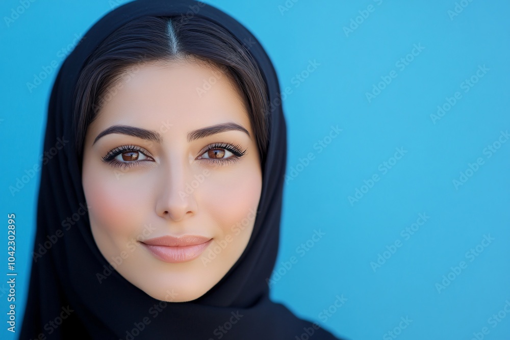 A brunette Arab mother with brown eyes on Mother's Day against a solid blue background 9 A brunette Arab mother with brown eyes on Mother's Day against a solid blue background 9