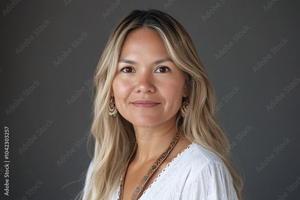 A blonde indigenous mother with brown eyes on Mother's Day against a solid gray background 1 A blonde indigenous mother with brown eyes on Mother's Day against a solid gray background 1