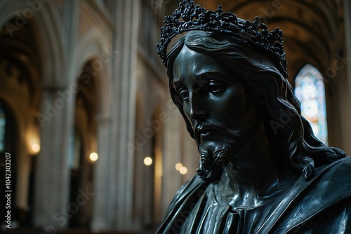 A bronze sculpture of Christ in a dimly lit cathedral 3 photo