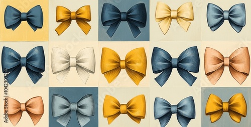 Colorful illustration of bows in various sizes and shades arranged in a grid pattern