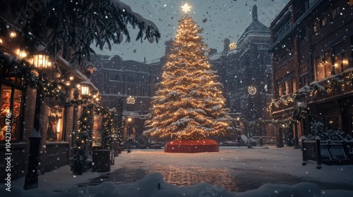 A towering Christmas tree adorned with soft, warm lights in a snowy city plaza during a winter festival